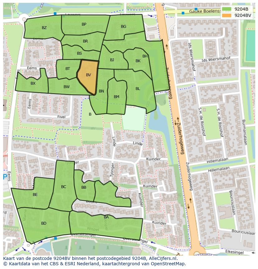 Afbeelding van het postcodegebied 9204 BV op de kaart.