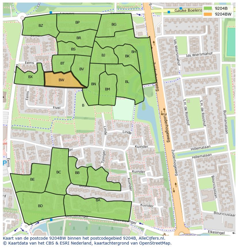 Afbeelding van het postcodegebied 9204 BW op de kaart.