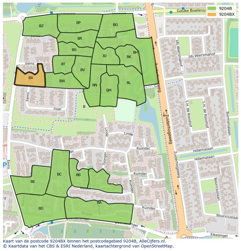 Afbeelding van het postcodegebied 9204 BX op de kaart.