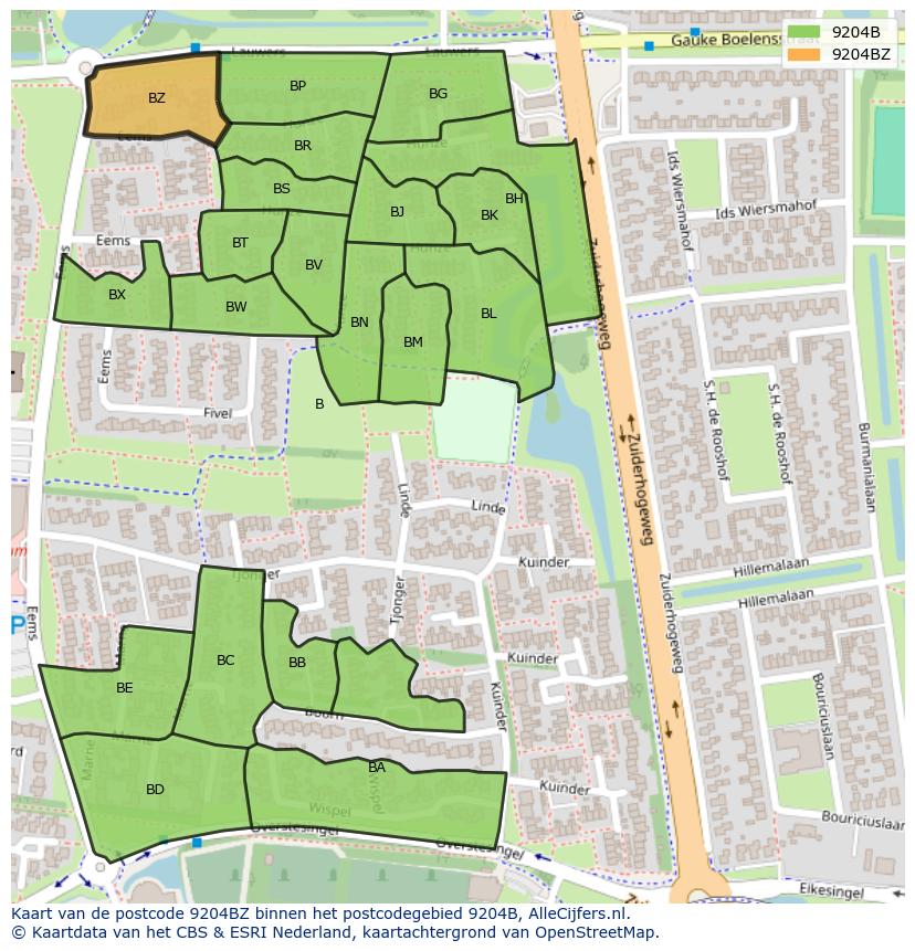 Afbeelding van het postcodegebied 9204 BZ op de kaart.