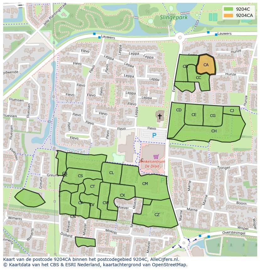 Afbeelding van het postcodegebied 9204 CA op de kaart.