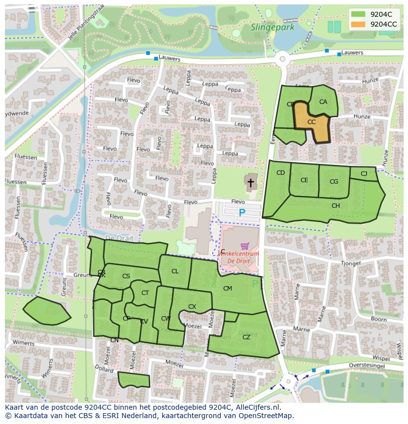 Afbeelding van het postcodegebied 9204 CC op de kaart.