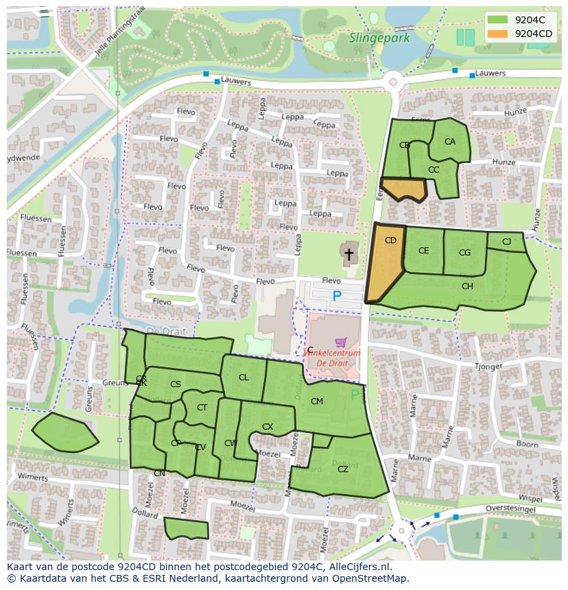 Afbeelding van het postcodegebied 9204 CD op de kaart.