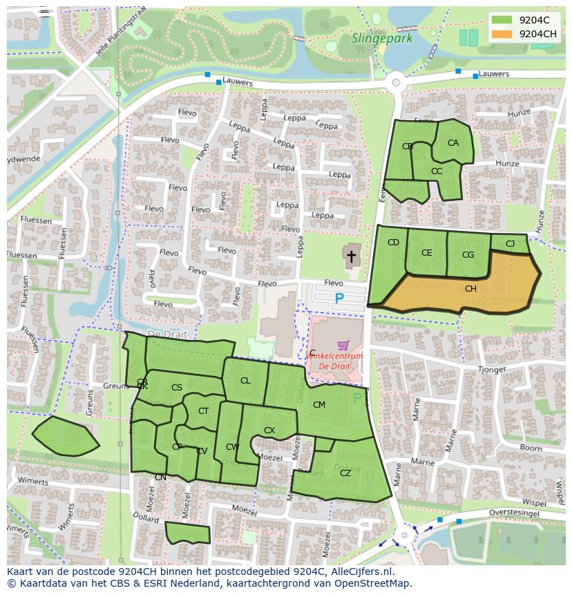 Afbeelding van het postcodegebied 9204 CH op de kaart.