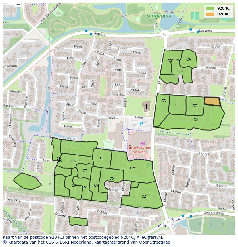 Afbeelding van het postcodegebied 9204 CJ op de kaart.