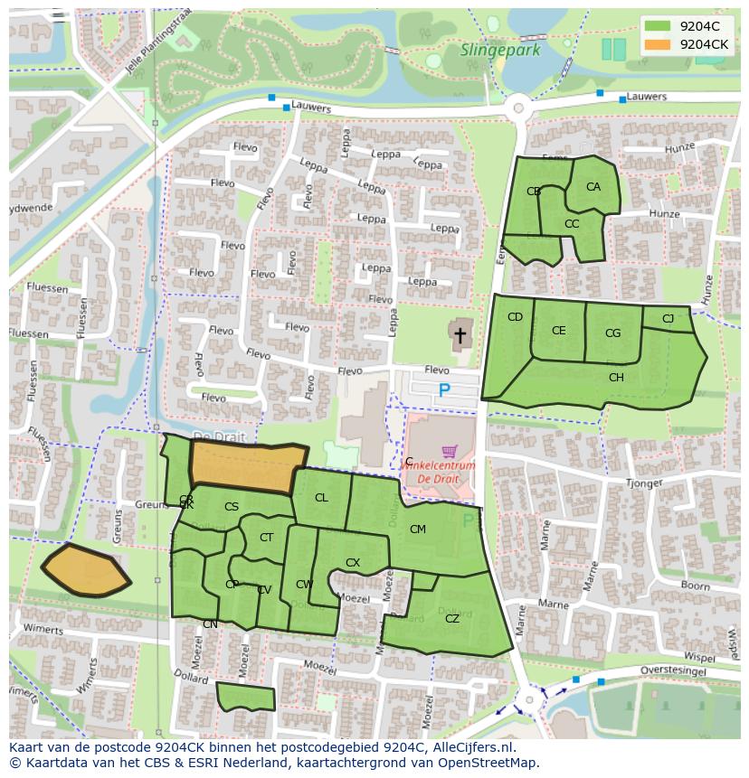 Afbeelding van het postcodegebied 9204 CK op de kaart.