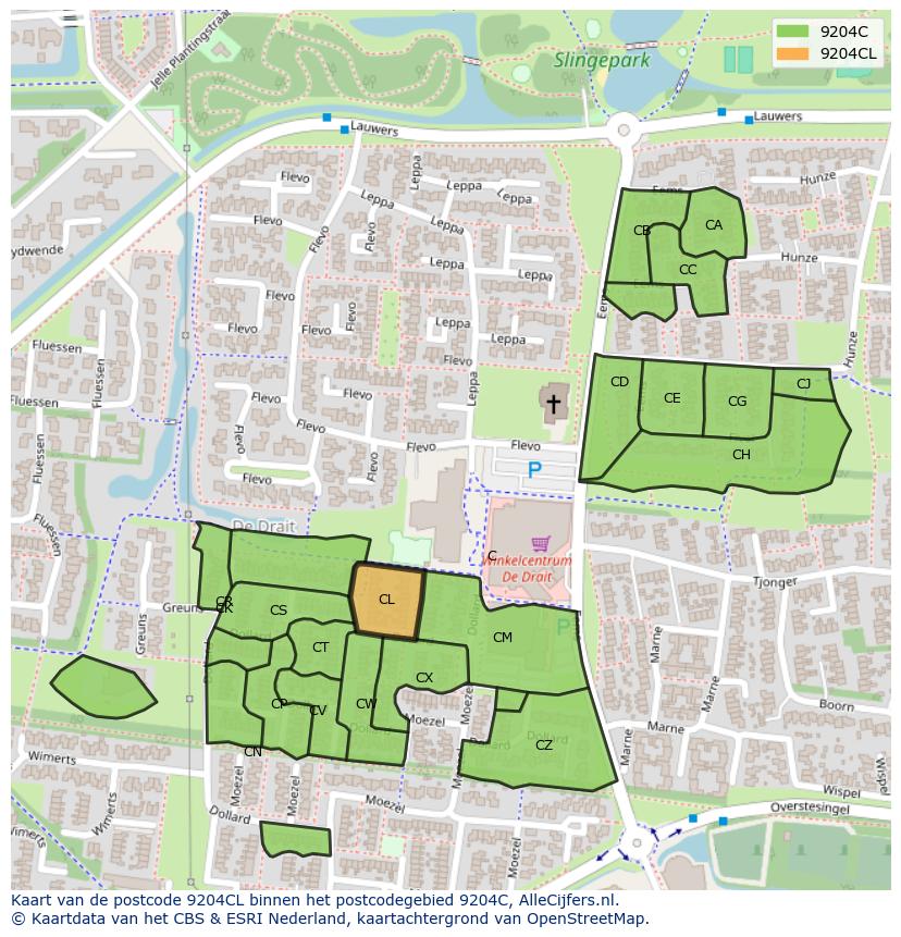 Afbeelding van het postcodegebied 9204 CL op de kaart.