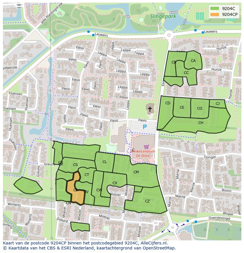 Afbeelding van het postcodegebied 9204 CP op de kaart.