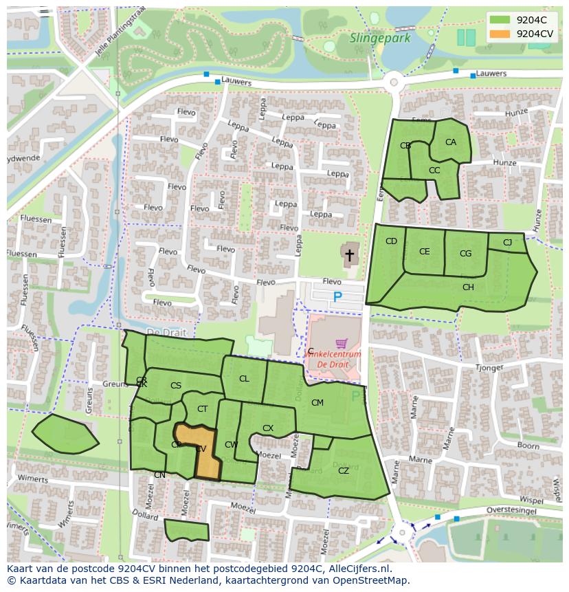 Afbeelding van het postcodegebied 9204 CV op de kaart.