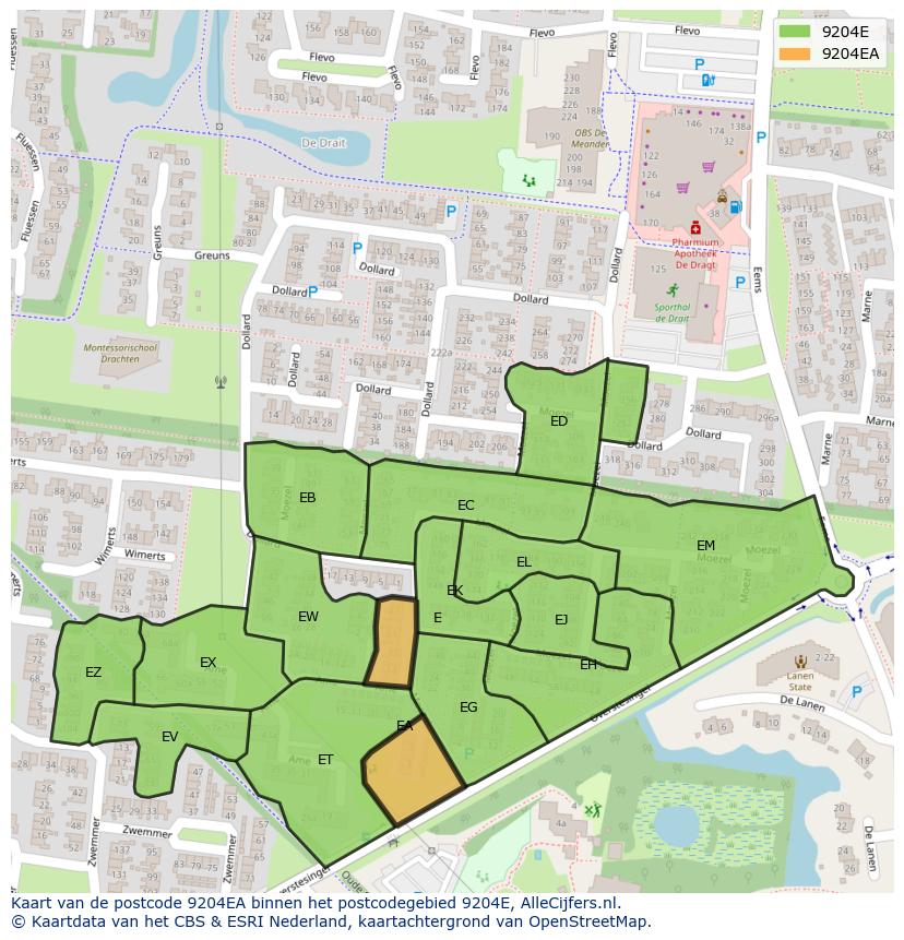 Afbeelding van het postcodegebied 9204 EA op de kaart.