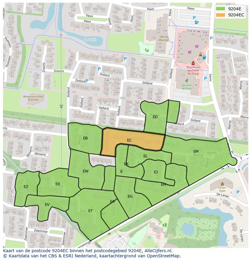 Afbeelding van het postcodegebied 9204 EC op de kaart.