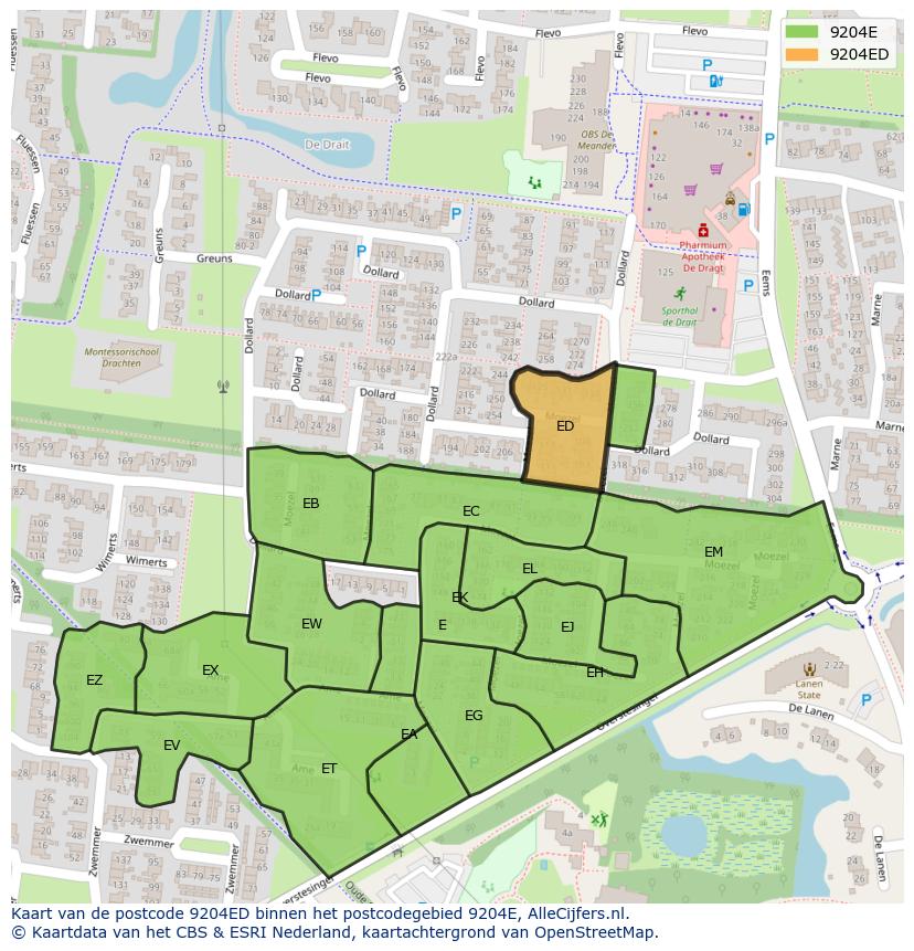 Afbeelding van het postcodegebied 9204 ED op de kaart.
