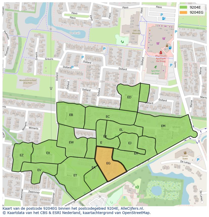 Afbeelding van het postcodegebied 9204 EG op de kaart.