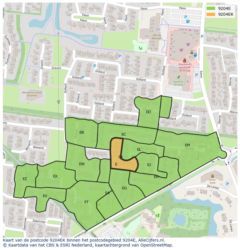 Afbeelding van het postcodegebied 9204 EK op de kaart.