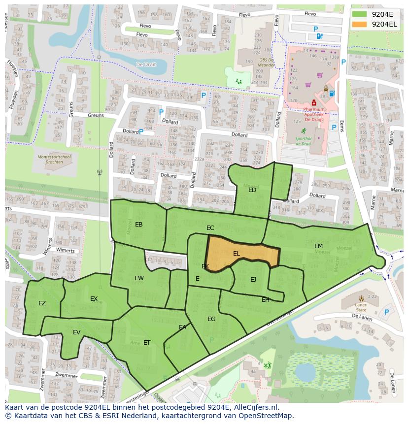 Afbeelding van het postcodegebied 9204 EL op de kaart.