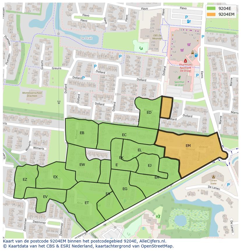 Afbeelding van het postcodegebied 9204 EM op de kaart.