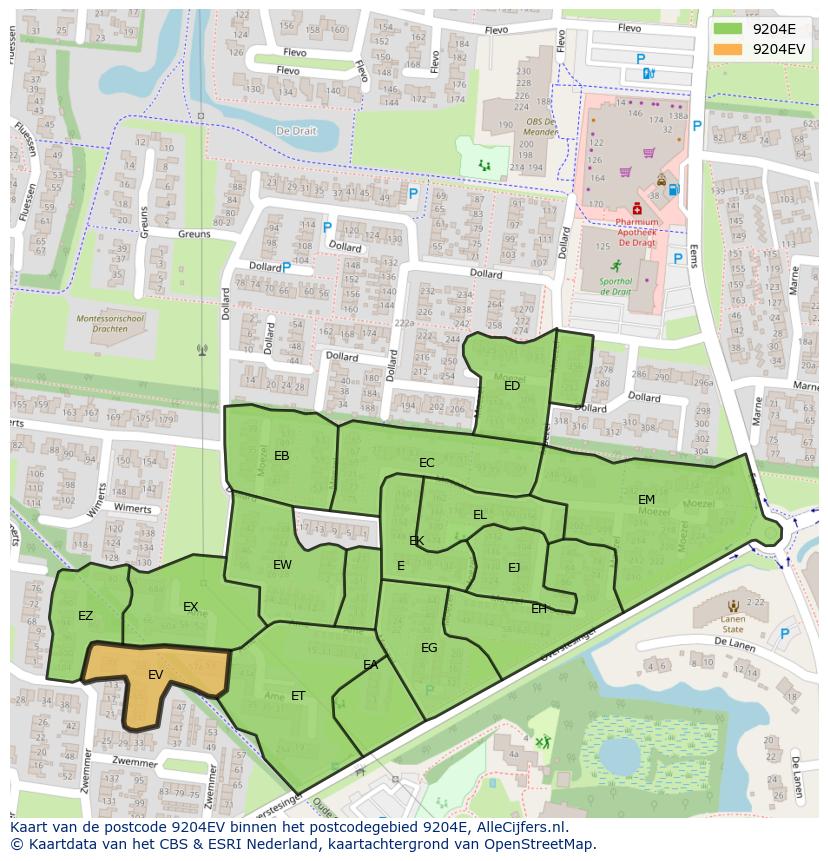 Afbeelding van het postcodegebied 9204 EV op de kaart.