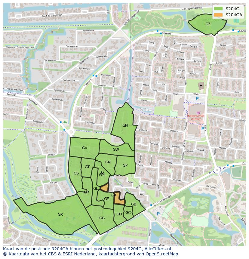 Afbeelding van het postcodegebied 9204 GA op de kaart.
