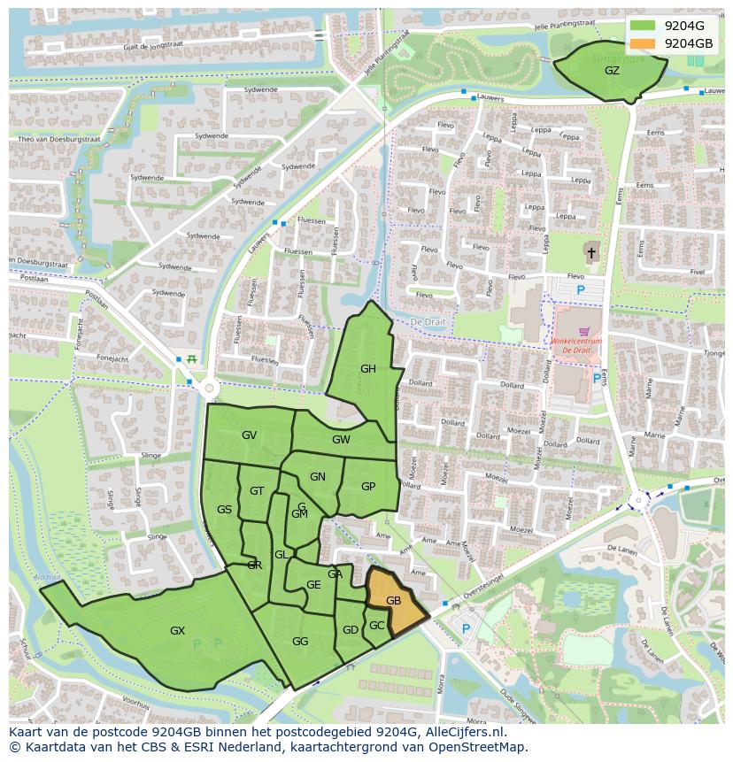 Afbeelding van het postcodegebied 9204 GB op de kaart.