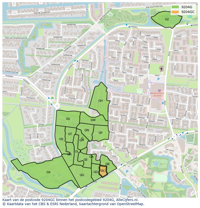 Afbeelding van het postcodegebied 9204 GC op de kaart.