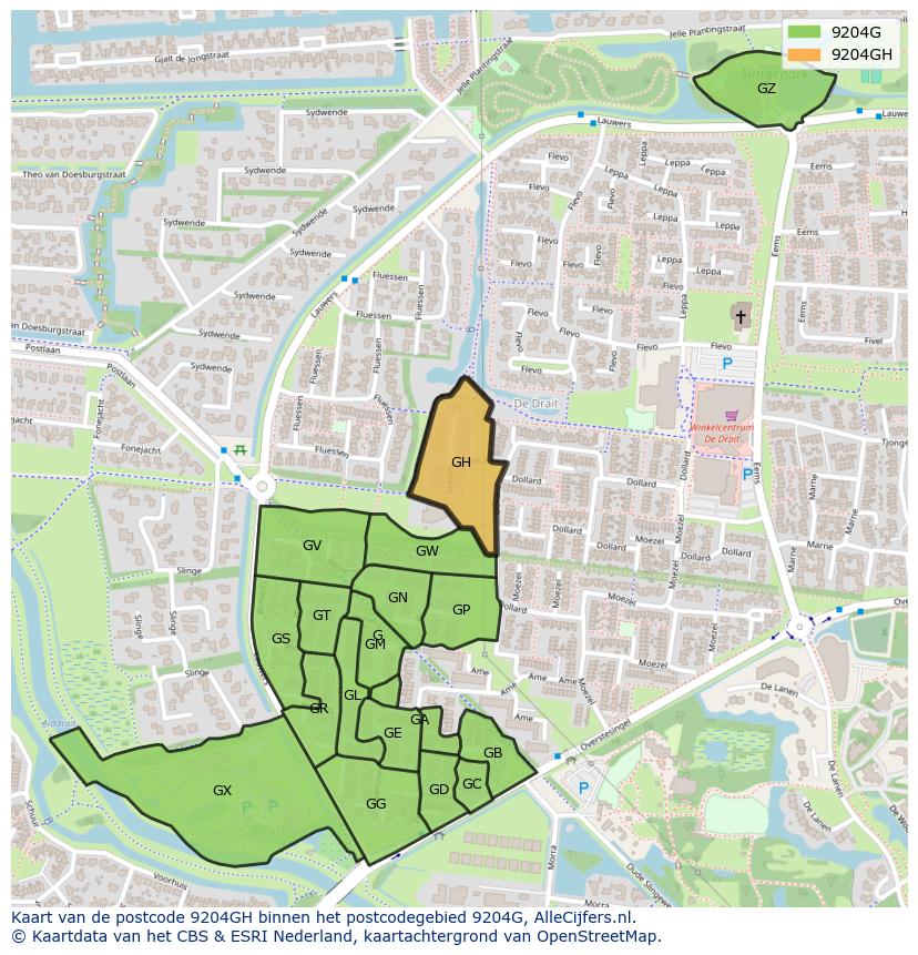 Afbeelding van het postcodegebied 9204 GH op de kaart.