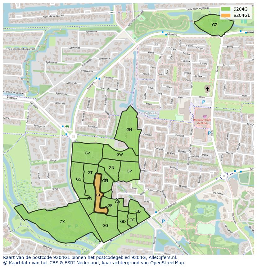 Afbeelding van het postcodegebied 9204 GL op de kaart.