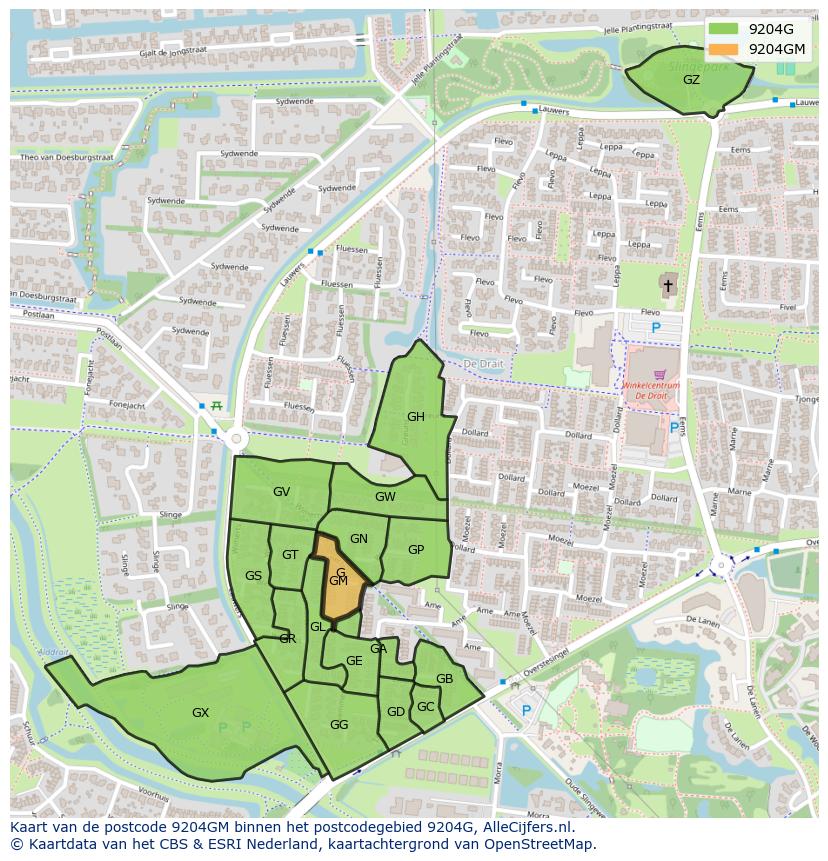 Afbeelding van het postcodegebied 9204 GM op de kaart.