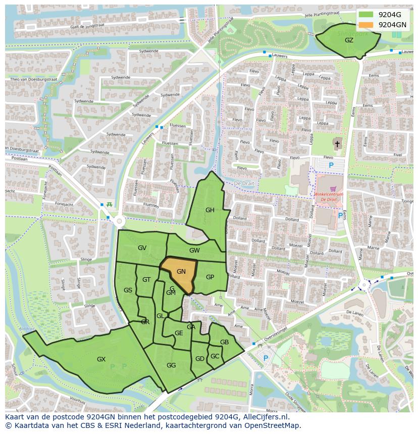Afbeelding van het postcodegebied 9204 GN op de kaart.