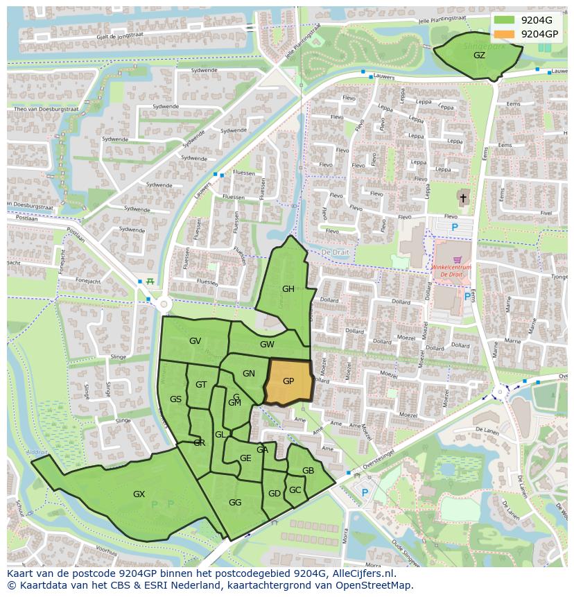 Afbeelding van het postcodegebied 9204 GP op de kaart.