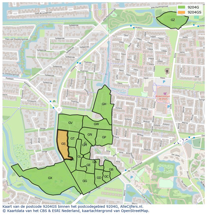Afbeelding van het postcodegebied 9204 GS op de kaart.