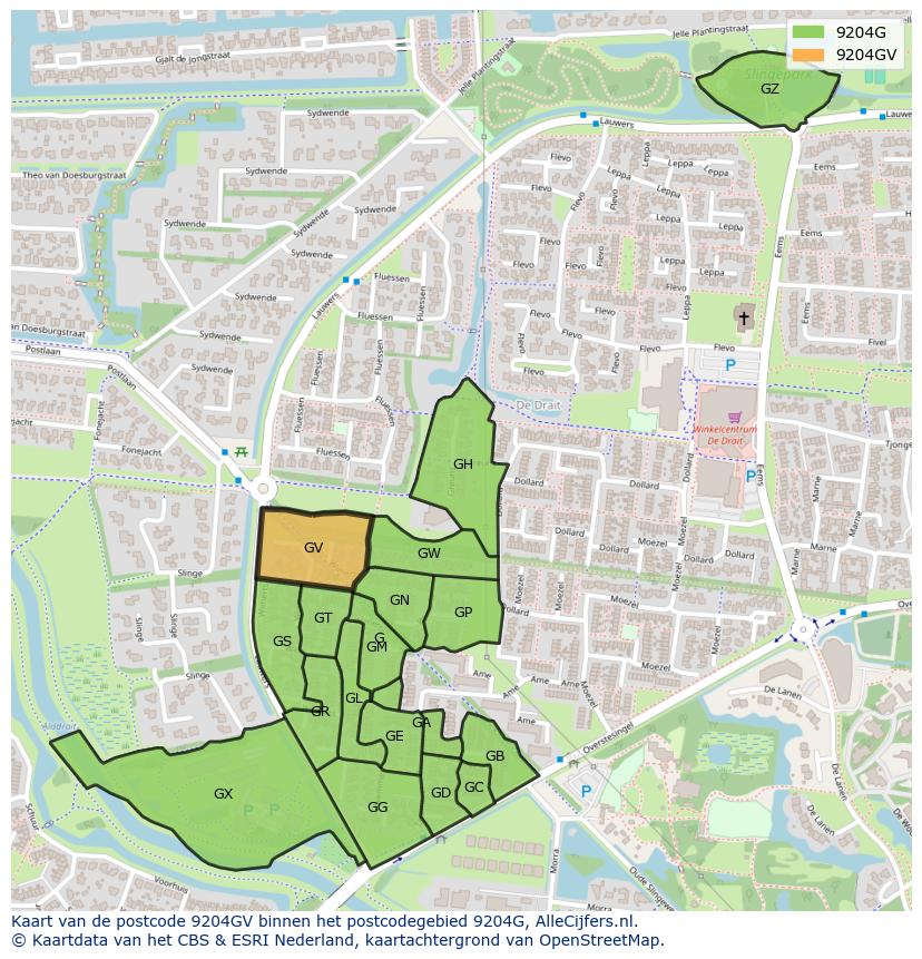 Afbeelding van het postcodegebied 9204 GV op de kaart.
