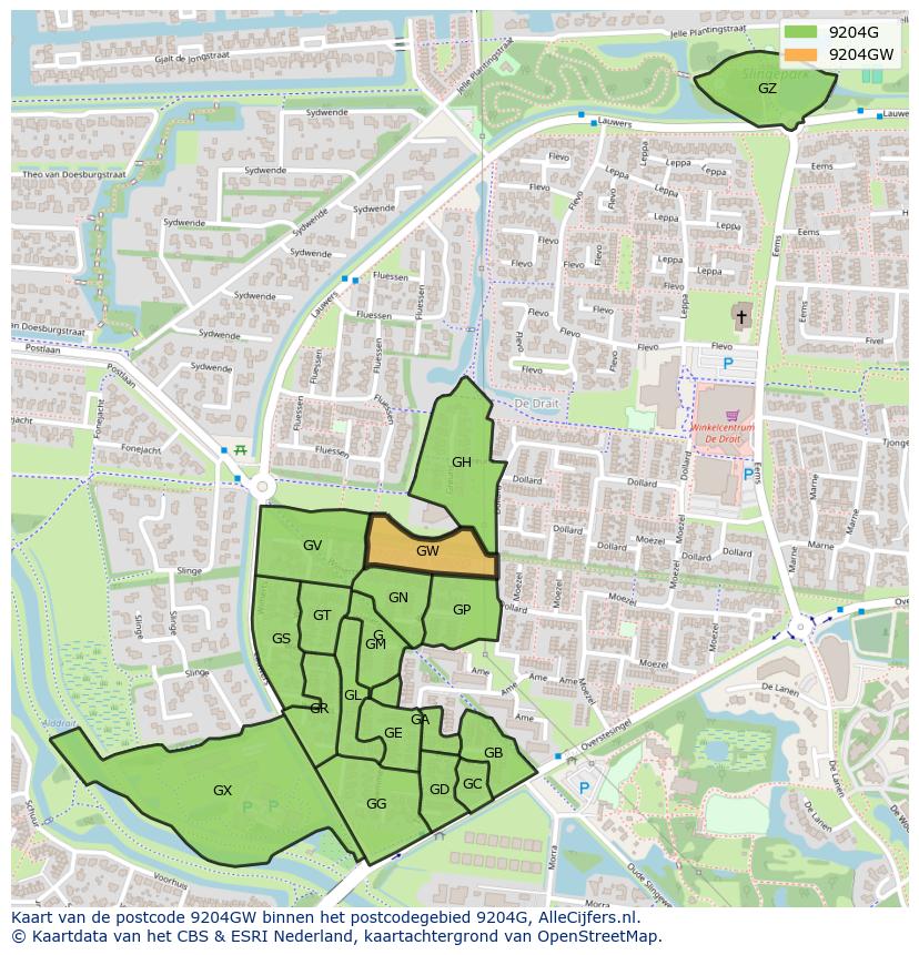 Afbeelding van het postcodegebied 9204 GW op de kaart.