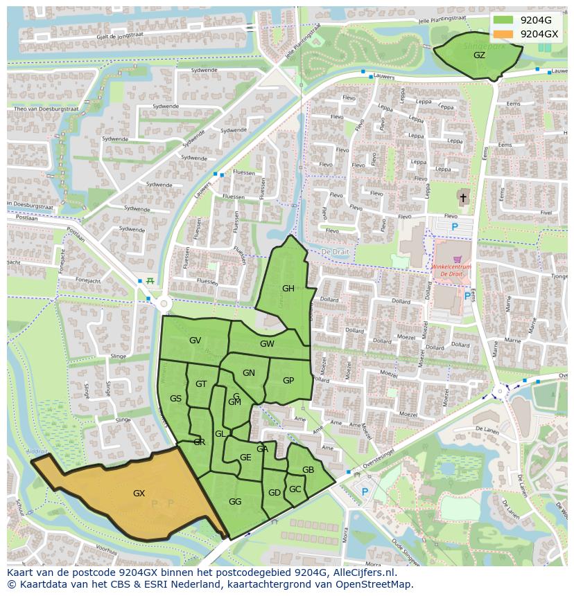 Afbeelding van het postcodegebied 9204 GX op de kaart.