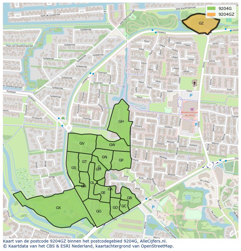Afbeelding van het postcodegebied 9204 GZ op de kaart.