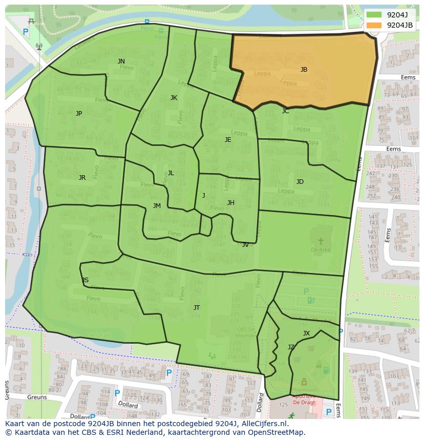 Afbeelding van het postcodegebied 9204 JB op de kaart.