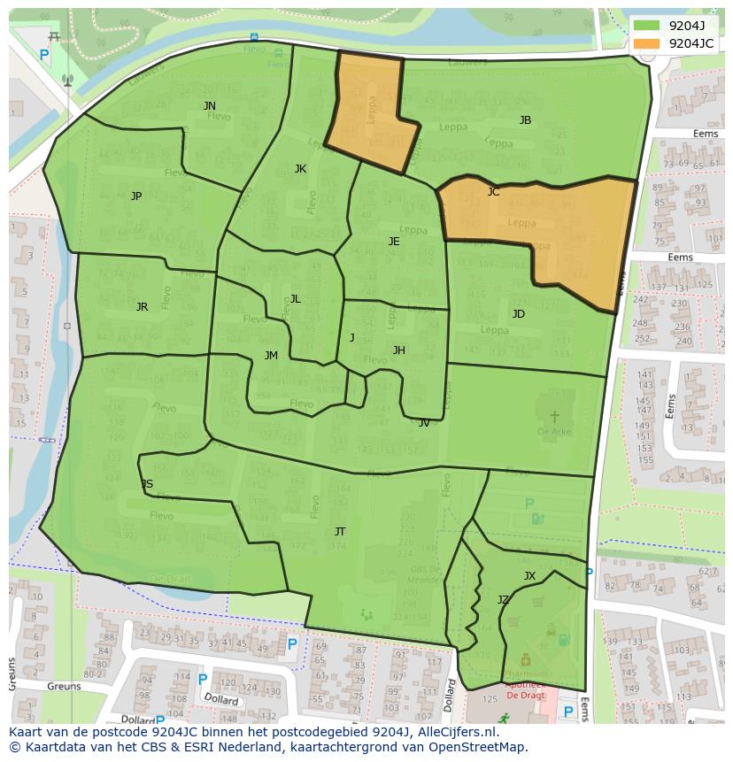 Afbeelding van het postcodegebied 9204 JC op de kaart.