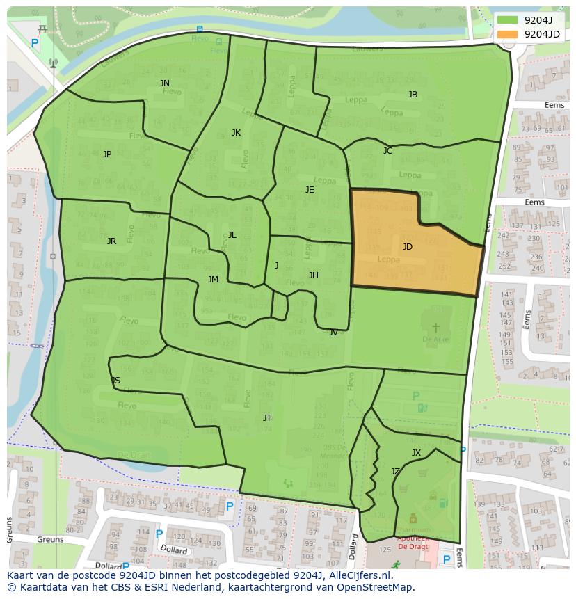 Afbeelding van het postcodegebied 9204 JD op de kaart.