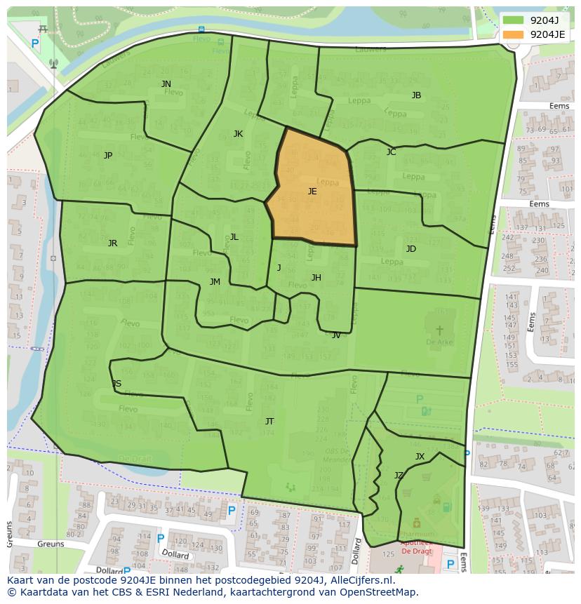 Afbeelding van het postcodegebied 9204 JE op de kaart.