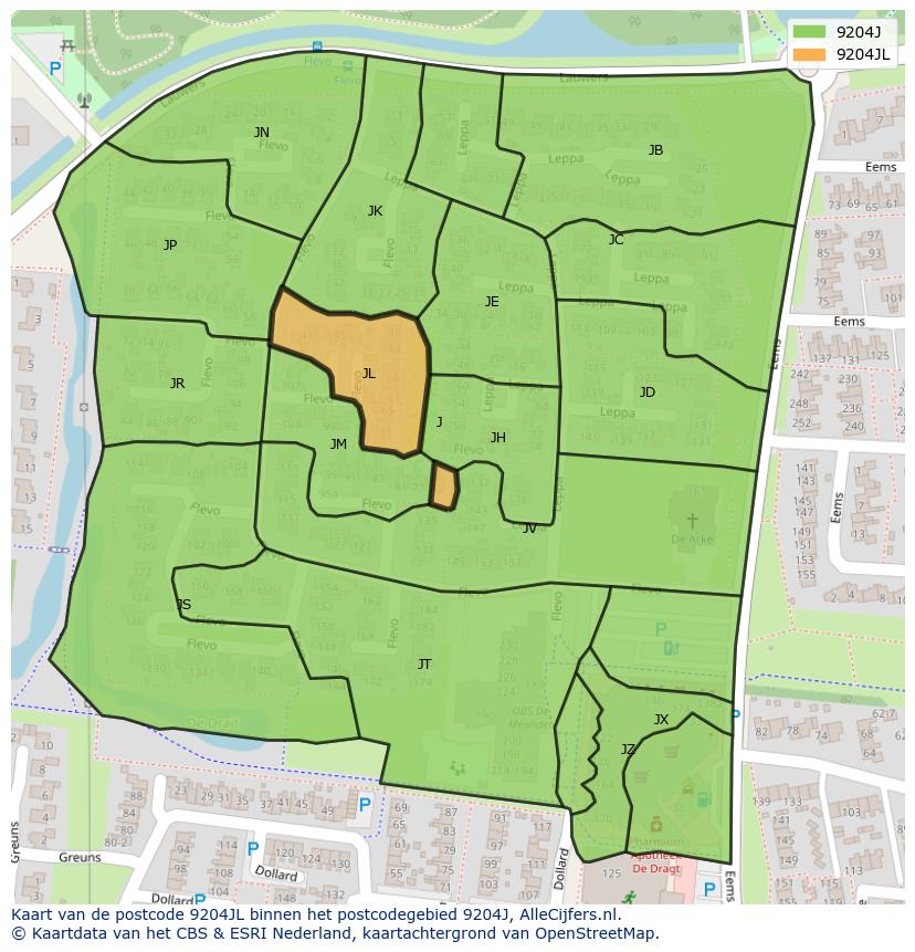 Afbeelding van het postcodegebied 9204 JL op de kaart.