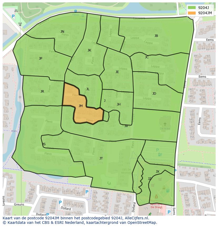 Afbeelding van het postcodegebied 9204 JM op de kaart.