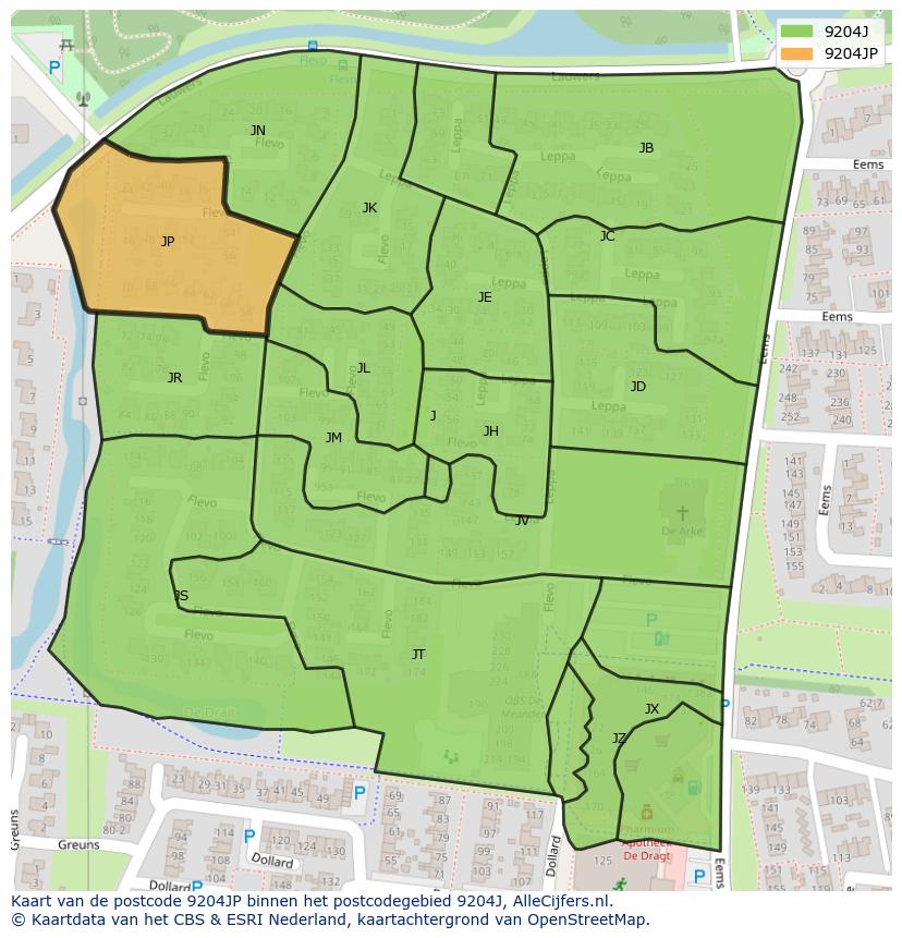 Afbeelding van het postcodegebied 9204 JP op de kaart.