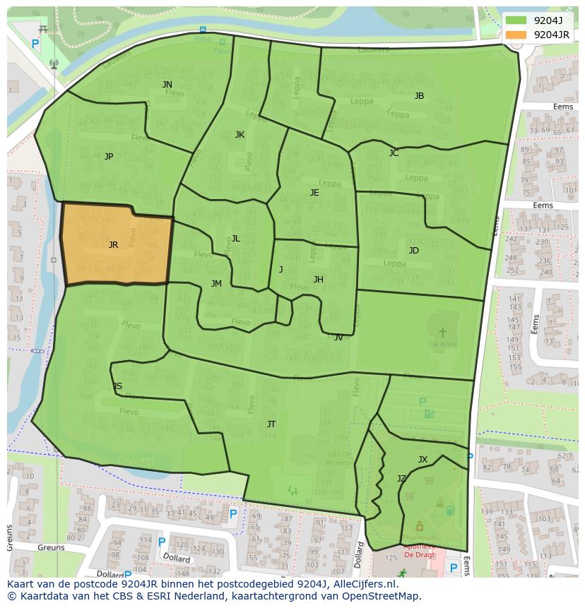 Afbeelding van het postcodegebied 9204 JR op de kaart.