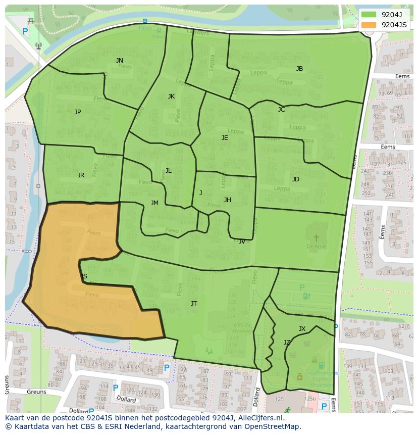 Afbeelding van het postcodegebied 9204 JS op de kaart.