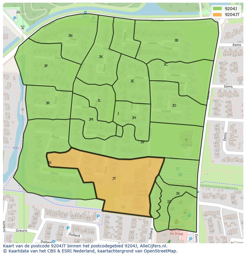 Afbeelding van het postcodegebied 9204 JT op de kaart.
