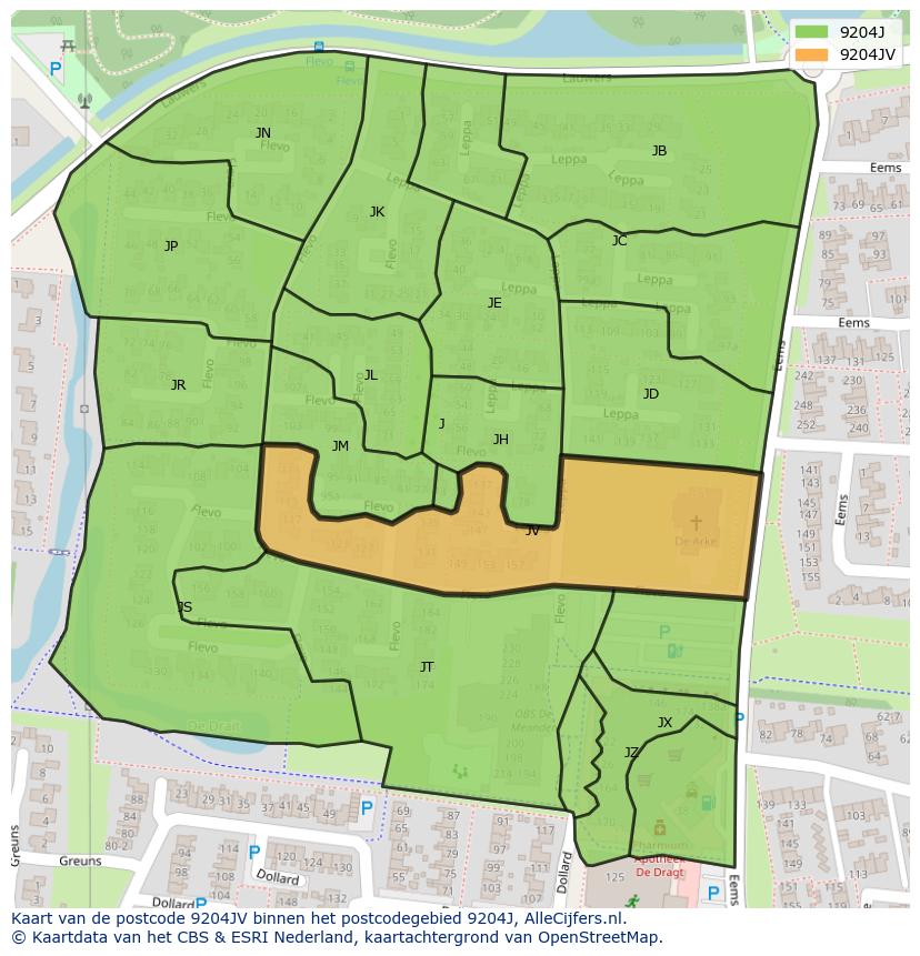 Afbeelding van het postcodegebied 9204 JV op de kaart.