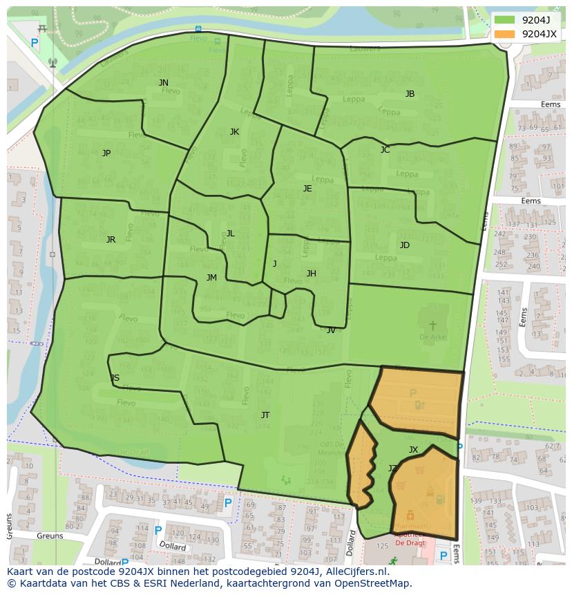 Afbeelding van het postcodegebied 9204 JX op de kaart.