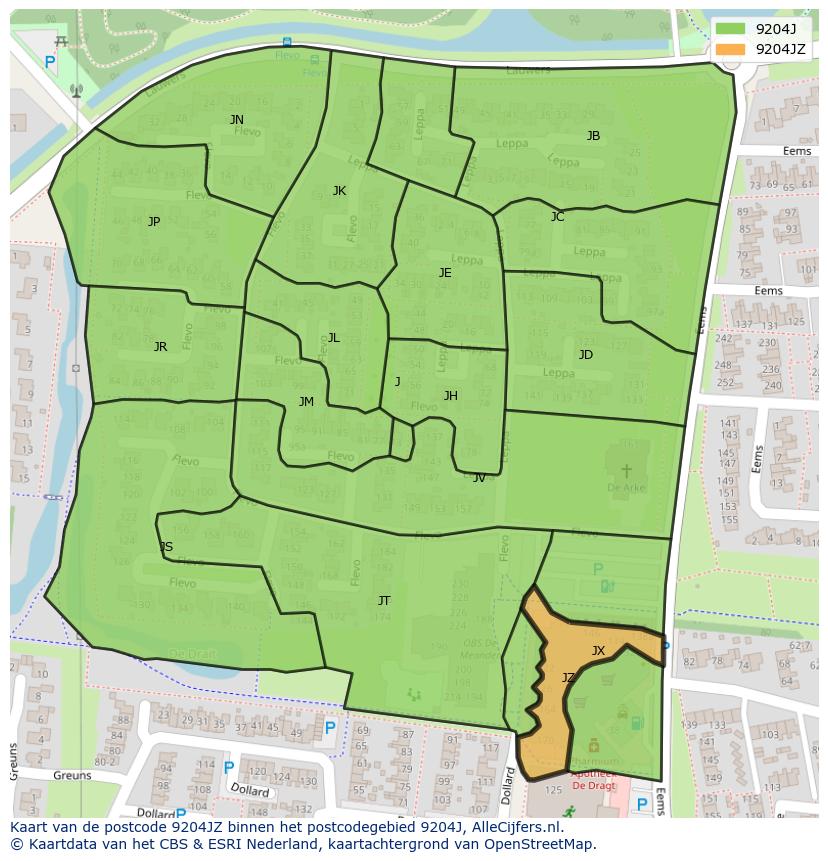 Afbeelding van het postcodegebied 9204 JZ op de kaart.