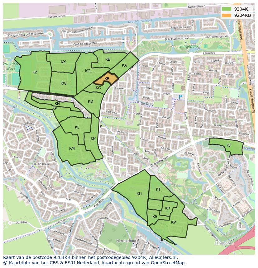 Afbeelding van het postcodegebied 9204 KB op de kaart.