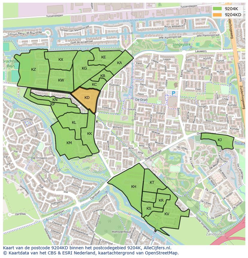 Afbeelding van het postcodegebied 9204 KD op de kaart.
