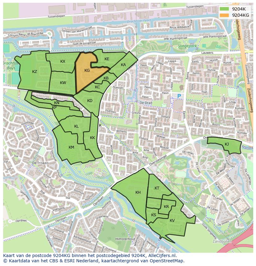 Afbeelding van het postcodegebied 9204 KG op de kaart.